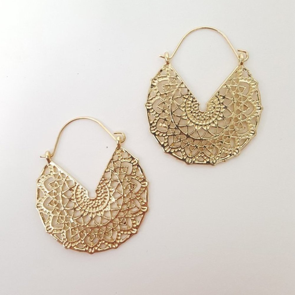 New Boho Hoop Earrings Filigree Gold Tone